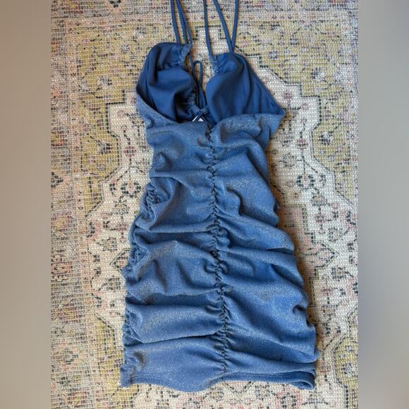 Lucy in the Sky Dusty Blue Glitter Ruched Bodycon Mini Dress Size Medium - Picture 6 of 8